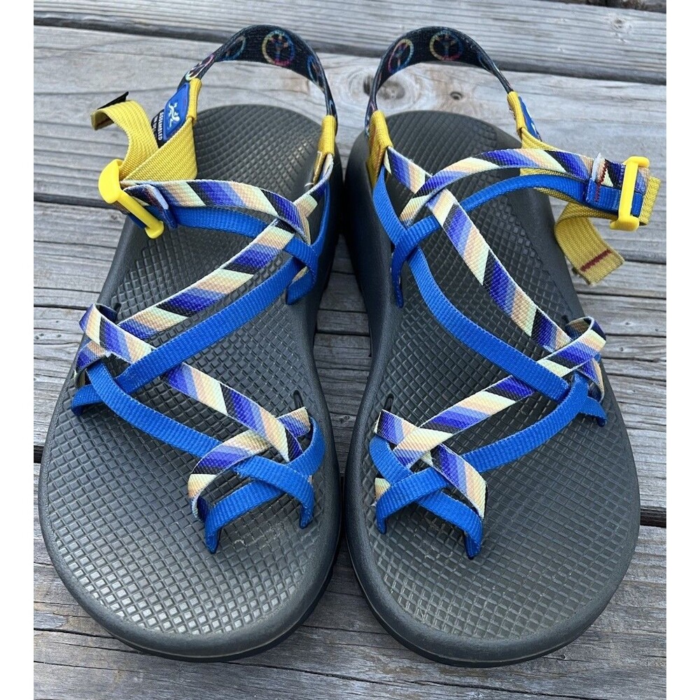 Chaco ZX/2 Men’s 9 Sport Sandals Stripe Peace Sign Blue/Yellow